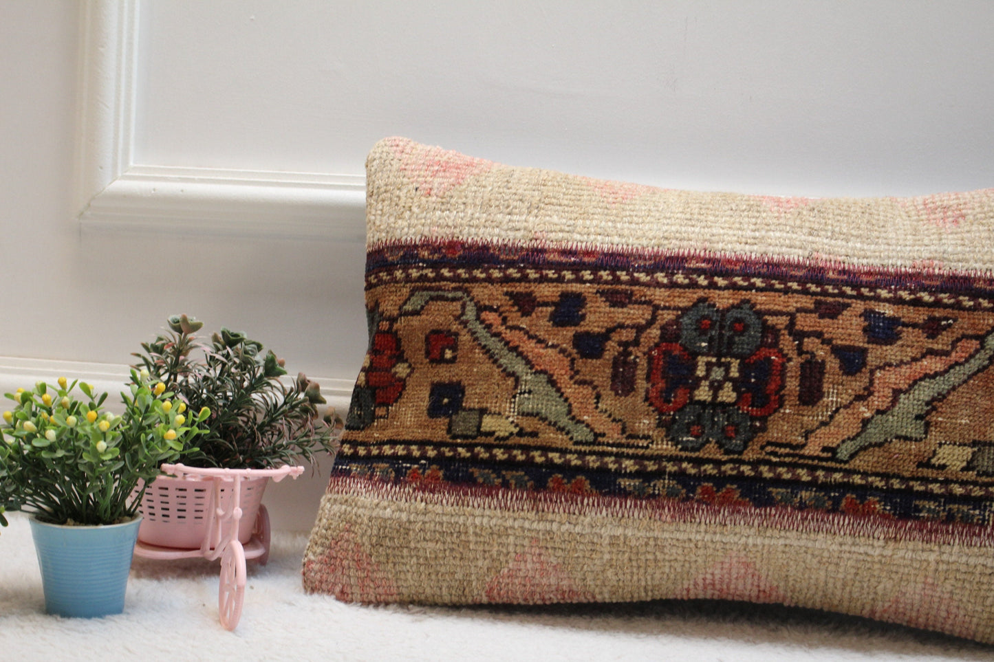 Vintage Turkish Rug Lumbar Pillow Cover: Blue Anatolian Kilim Pillow (12x20 in)