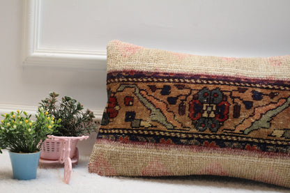 Vintage Turkish Rug Lumbar Pillow Cover: Blue Anatolian Kilim Pillow (12x20 in)