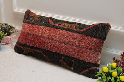 Handmade Kilim Lumbar Pillow Cover: Upcycled Wool, Red & Black (12 x 24 in)