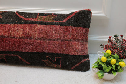 Handmade Kilim Lumbar Pillow Cover: Upcycled Wool, Red & Black (12 x 24 in)