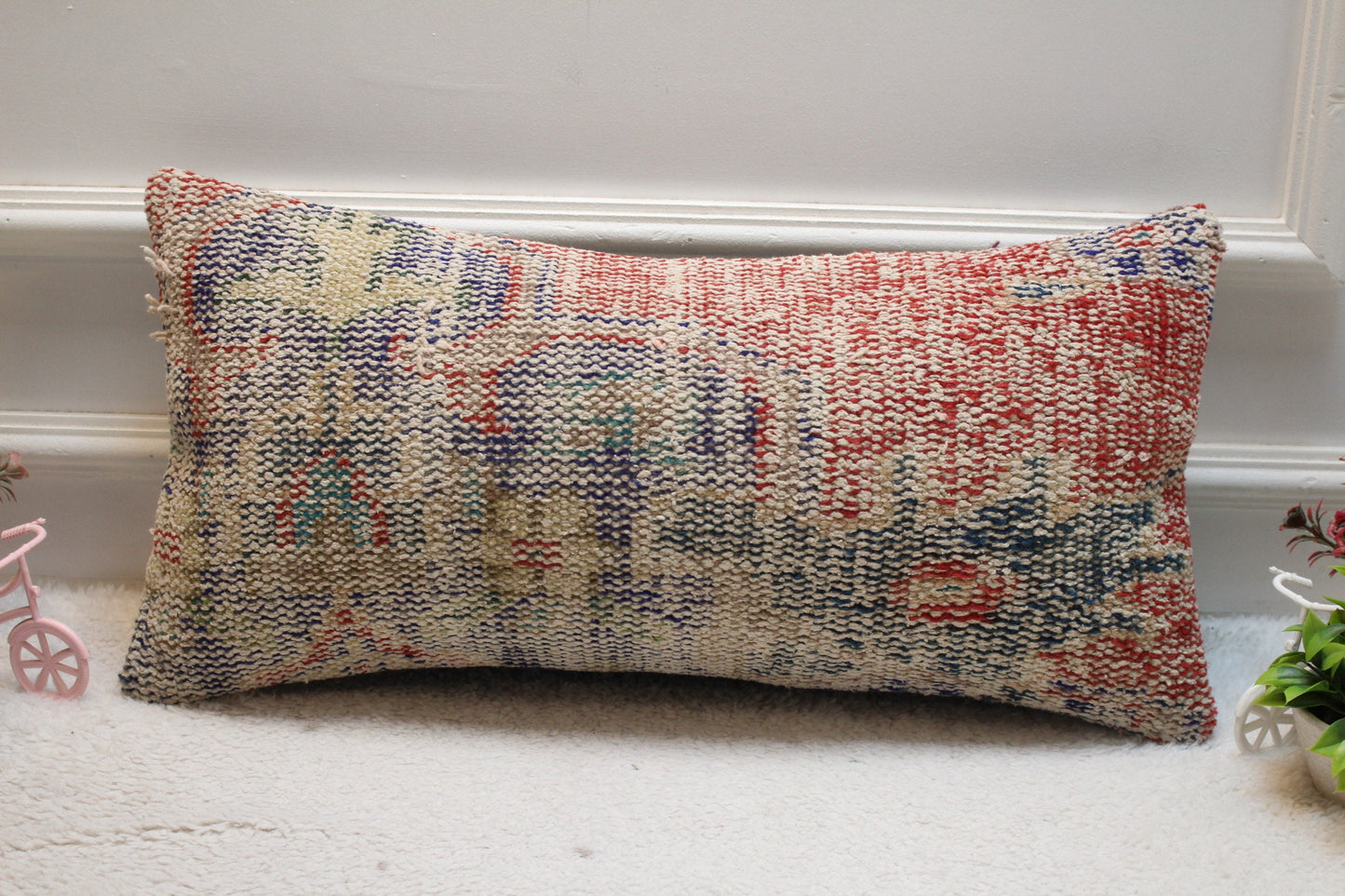 Handmade Turkish Rug Pillow Cover: Red & Blue Wool Lumbar Pillow (12x24 in)