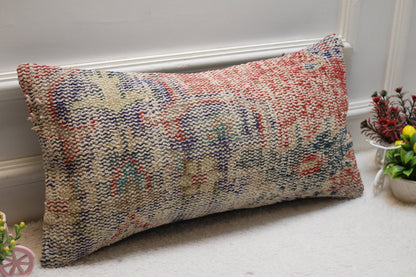 Handmade Turkish Rug Pillow Cover: Red & Blue Wool Lumbar Pillow (12x24 in)