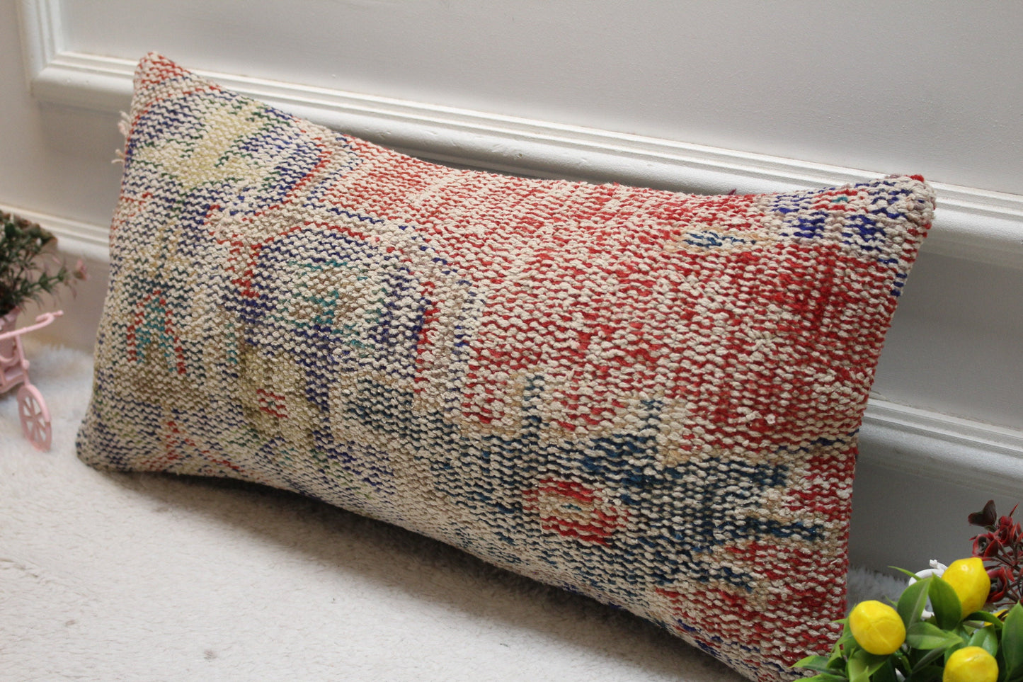 Handmade Turkish Rug Pillow Cover: Red & Blue Wool Lumbar Pillow (12x24 in)