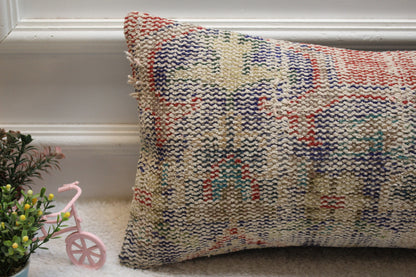 Handmade Turkish Rug Pillow Cover: Red & Blue Wool Lumbar Pillow (12x24 in)