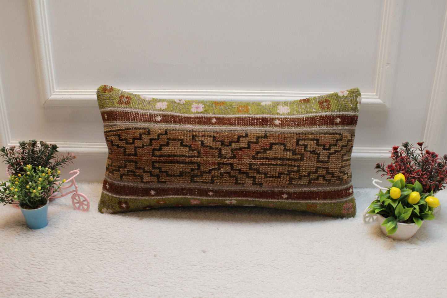 Handmade Kilim Lumbar Pillow Cover: Patchwork Turkish Rug, 12x24 inch
