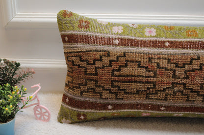 Handmade Kilim Lumbar Pillow Cover: Patchwork Turkish Rug, 12x24 inch