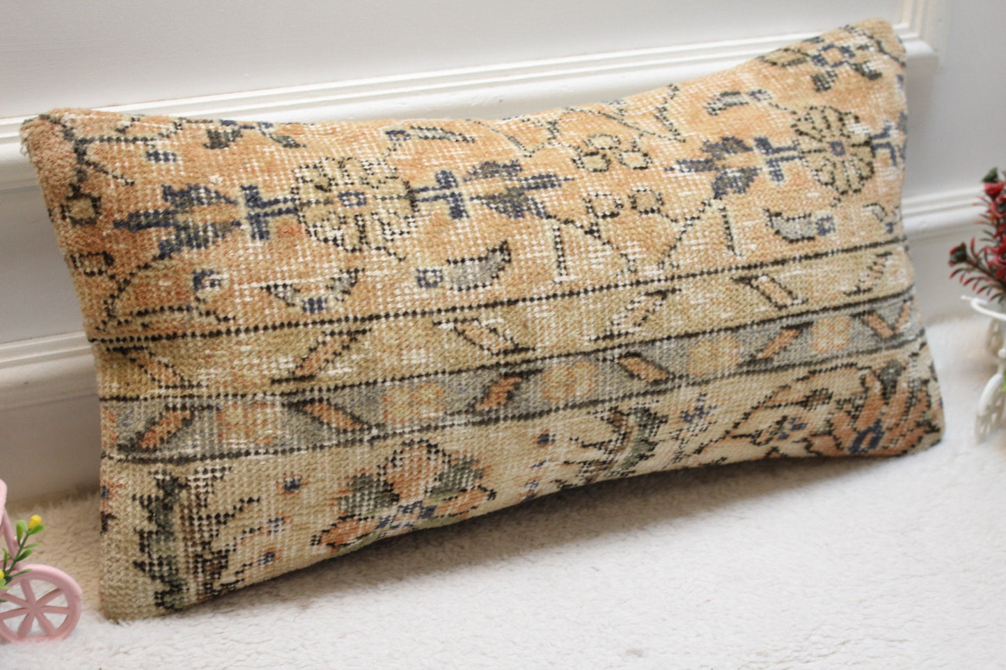 Floral Beige Turkish Rug Pillow: Handmade Lumbar Cover (12x24in)