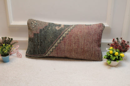 Handmade Turkish Rug Pillow Cover: Organic Wool Lumbar Pillow (12x24 inc)