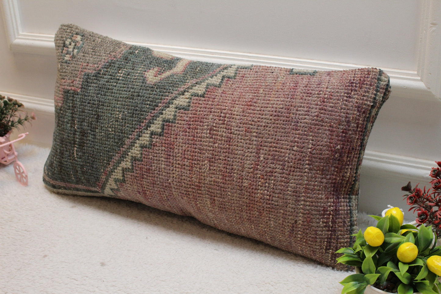 Handmade Turkish Rug Pillow Cover: Organic Wool Lumbar Pillow (12x24 inc)