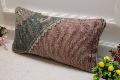 Handmade Turkish Rug Pillow Cover: Organic Wool Lumbar Pillow (12x24 inc)
