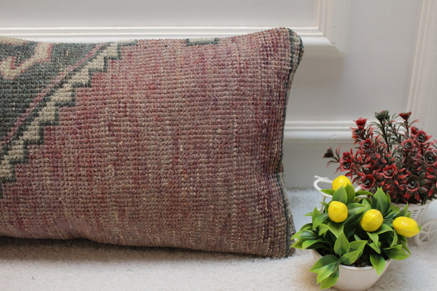 Handmade Turkish Rug Pillow Cover: Organic Wool Lumbar Pillow (12x24 inc)