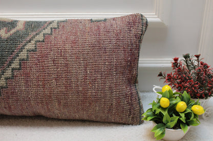 Handmade Turkish Rug Pillow Cover: Organic Wool Lumbar Pillow (12x24 inc)