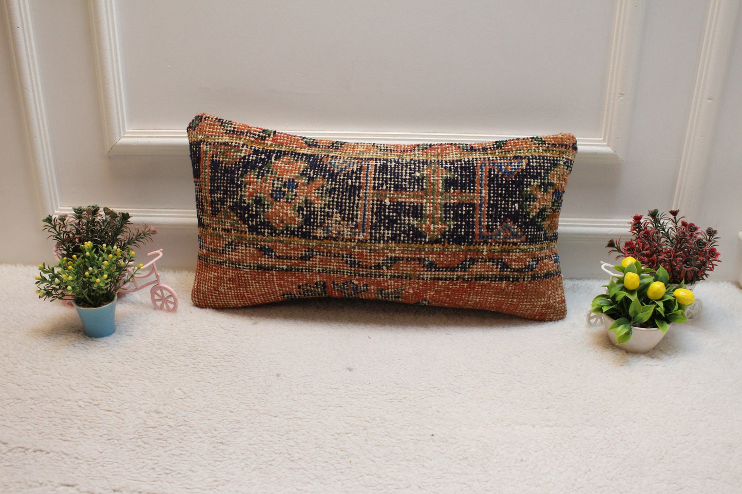 Handmade Turkish Rug Lumbar Pillow: Geometric Boho Decor (12x24 inc)