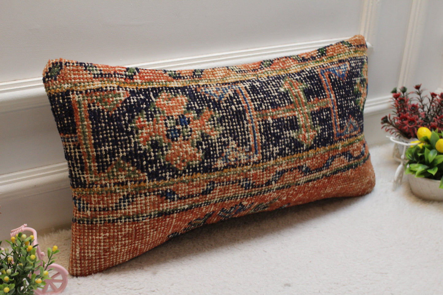 Handmade Turkish Rug Lumbar Pillow: Geometric Boho Decor (12x24 inc)