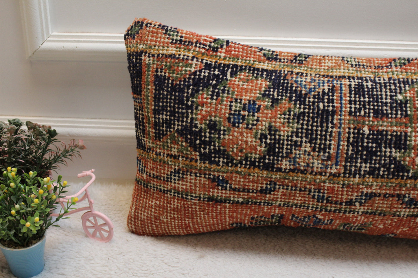 Handmade Turkish Rug Lumbar Pillow: Geometric Boho Decor (12x24 inc)
