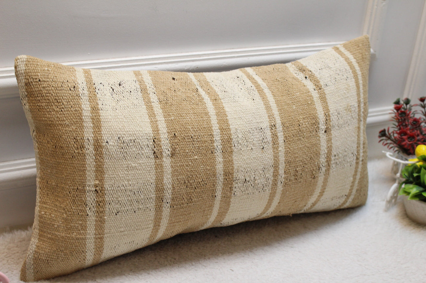 Handmade Kilim Lumbar Pillow Cover: Striped Wool Throw Pillow (12x24 in)