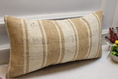 Handmade Kilim Lumbar Pillow Cover: Striped Wool Throw Pillow (12x24 in)