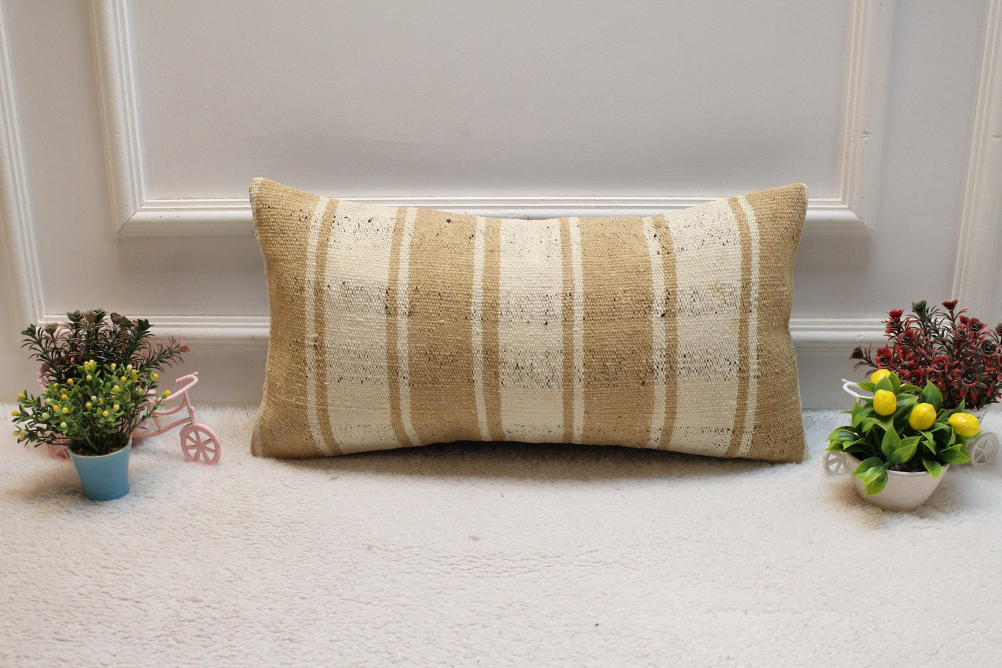 Handmade Kilim Lumbar Pillow Cover: Striped Wool Throw Pillow (12x24 in)