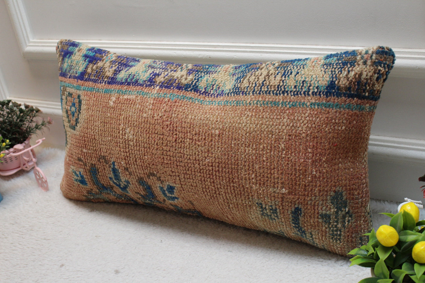 Handmade Turkish Kilim Lumbar Pillow Cover: Upcycled Woven Rug, 12x24 inch