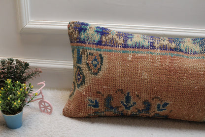 Handmade Turkish Kilim Lumbar Pillow Cover: Upcycled Woven Rug, 12x24 inch