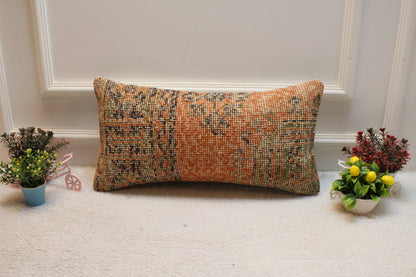 Handmade Wool Turkish Lumbar Pillow Cover: Geometric Rug Design (12x24 in)