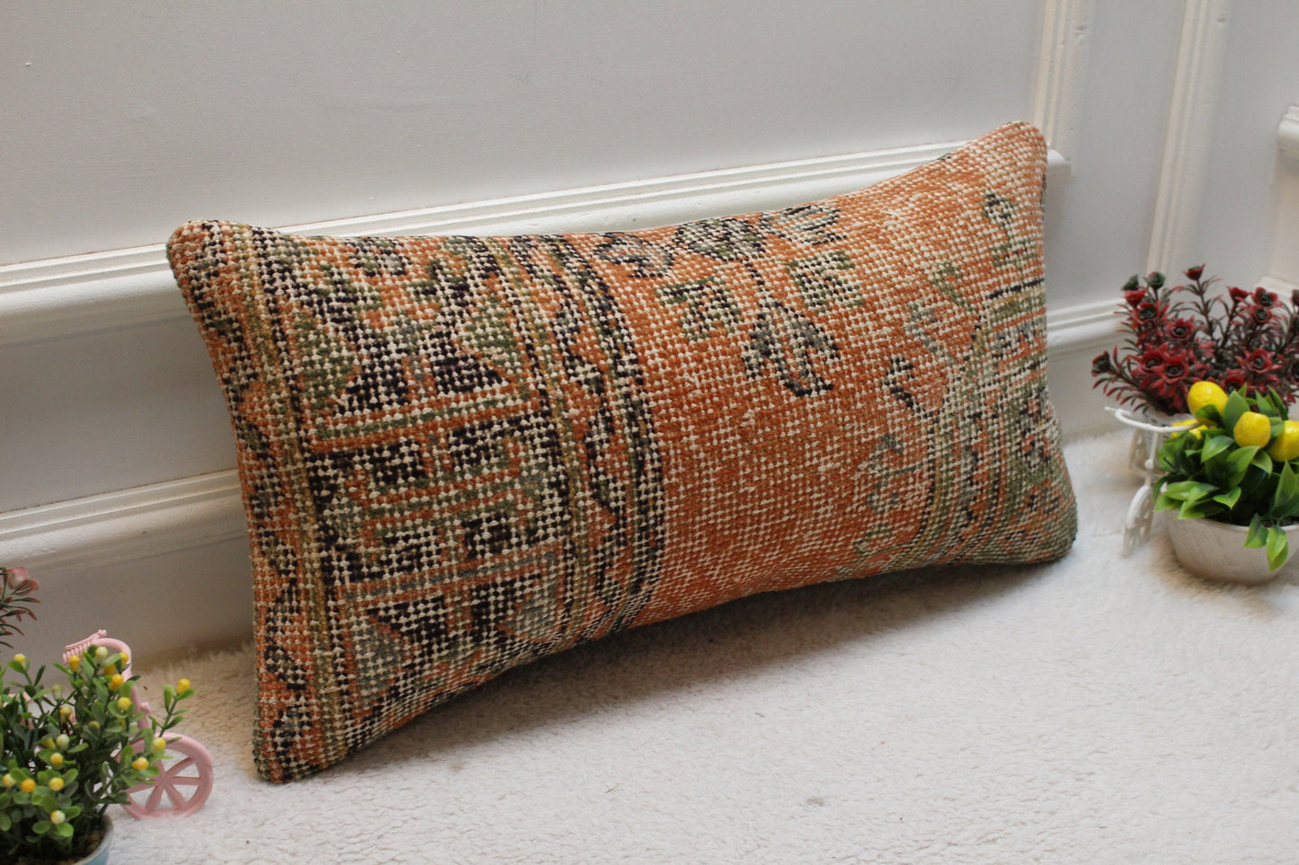 Handmade Wool Turkish Lumbar Pillow Cover: Geometric Rug Design (12x24 in)