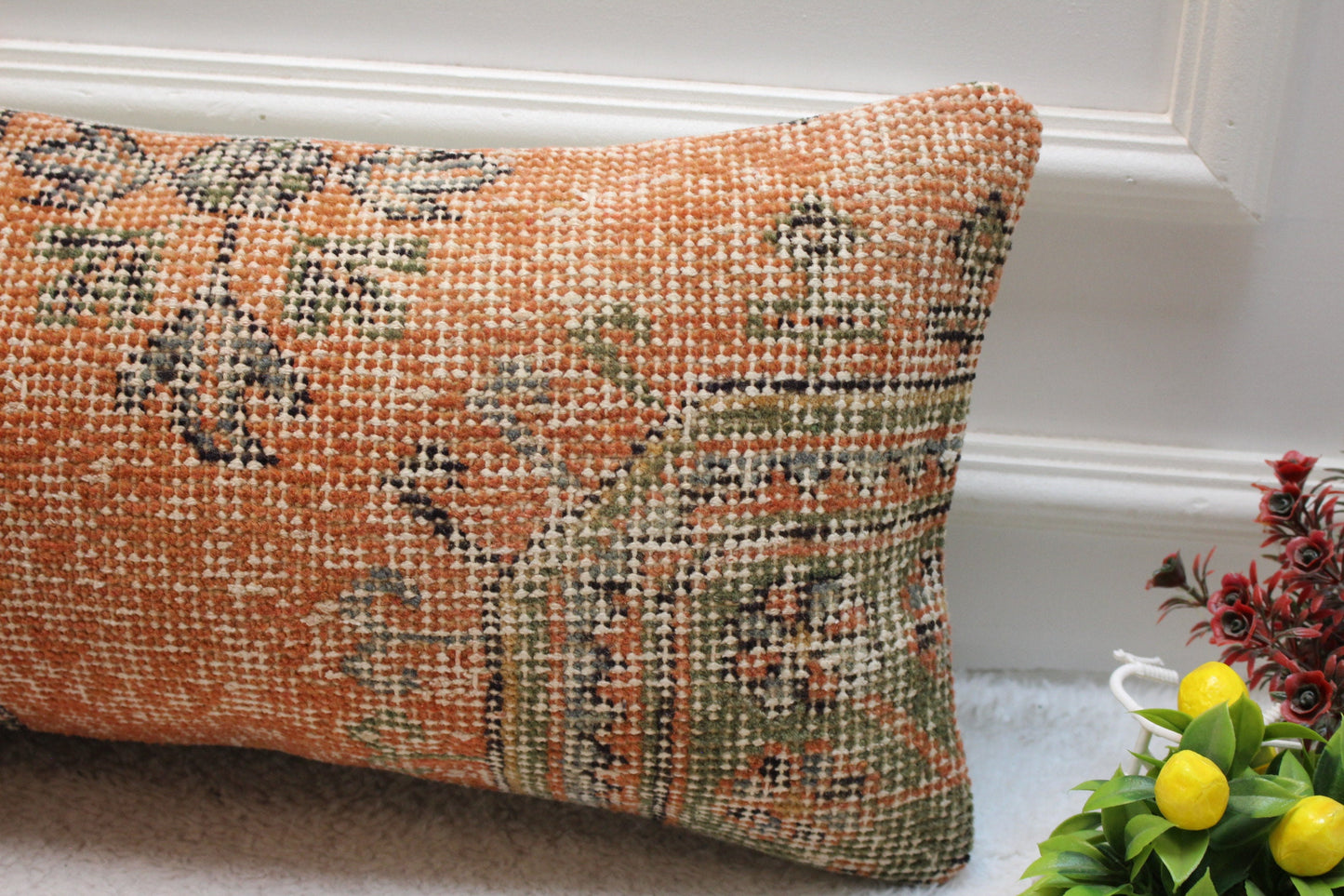 Handmade Wool Turkish Lumbar Pillow Cover: Geometric Rug Design (12x24 in)