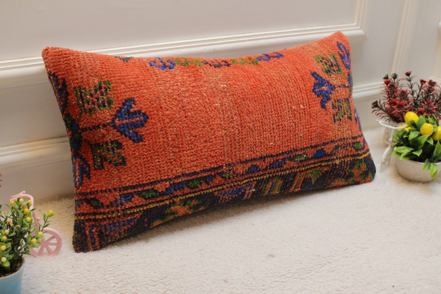 Floral Kilim Lumbar Pillow Cover: Turkish Rug Pillow, 12x24 inch