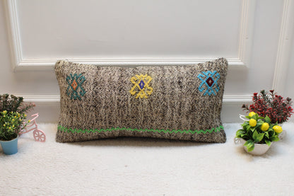 Gray Vintage Turkish Kilim Lumbar Pillow Cover: 12x24 inch, Handmade Wool