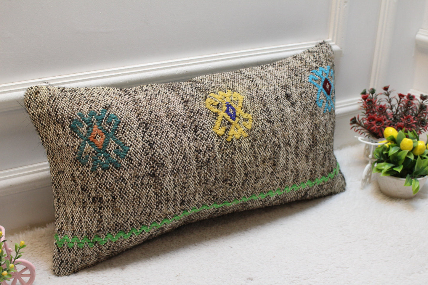 Gray Vintage Turkish Kilim Lumbar Pillow Cover: 12x24 inch, Handmade Wool