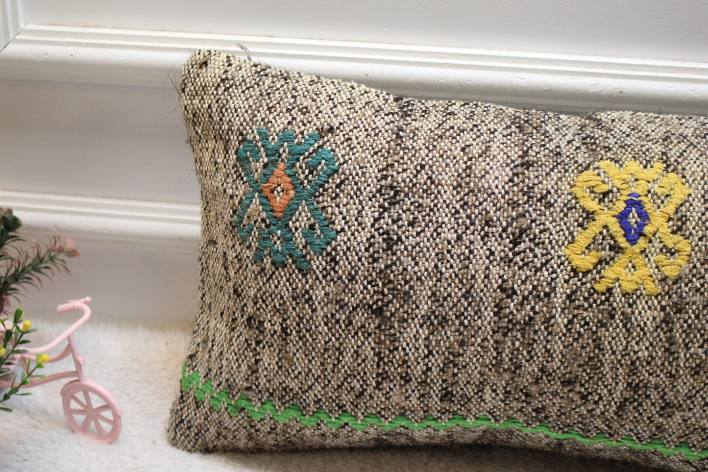 Gray Vintage Turkish Kilim Lumbar Pillow Cover: 12x24 inch, Handmade Wool