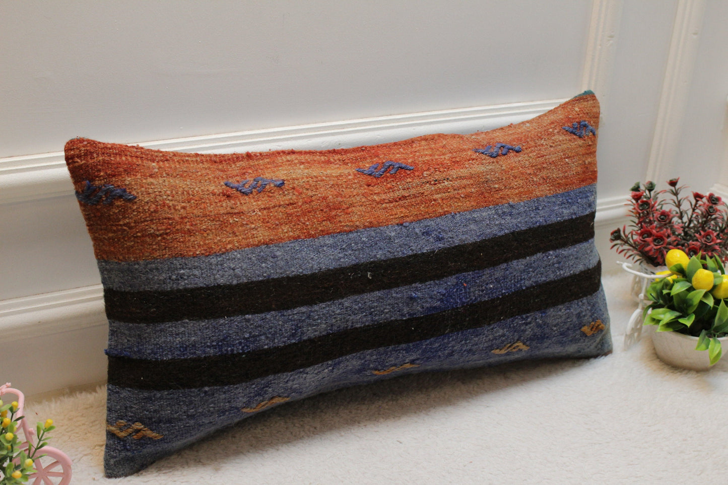Striped Kilim Lumbar Pillow Cover: 12x24 inch, Upcycled Woven Rug