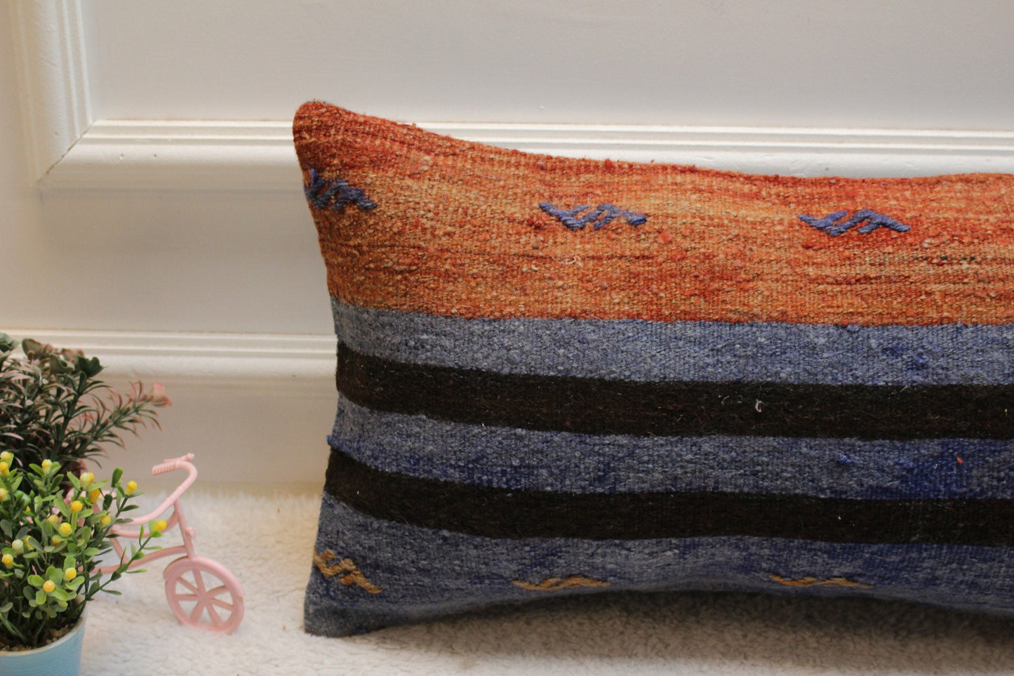 Striped Kilim Lumbar Pillow Cover: 12x24 inch, Upcycled Woven Rug