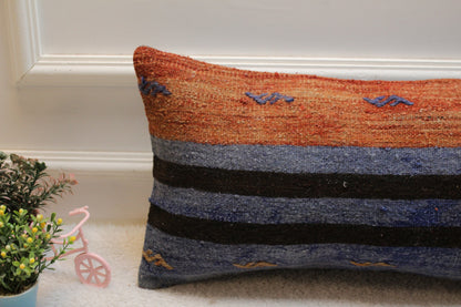 Striped Kilim Lumbar Pillow Cover: 12x24 inch, Upcycled Woven Rug
