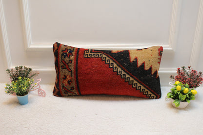 Handmade Turkish Kilim Lumbar Pillow Cover: Red, Black, Beige (12x24 inch)