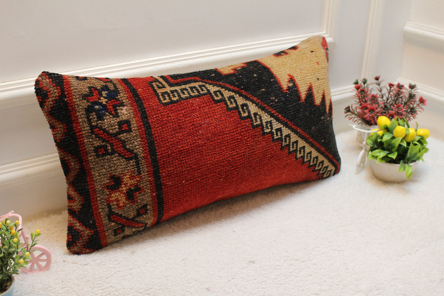 Handmade Turkish Kilim Lumbar Pillow Cover: Red, Black, Beige (12x24 inch)