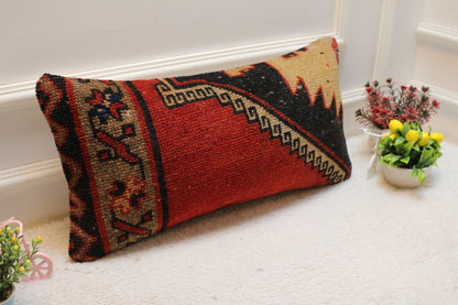 Handmade Turkish Kilim Lumbar Pillow Cover: Red, Black, Beige (12x24 inch)