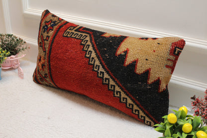 Handmade Turkish Kilim Lumbar Pillow Cover: Red, Black, Beige (12x24 inch)