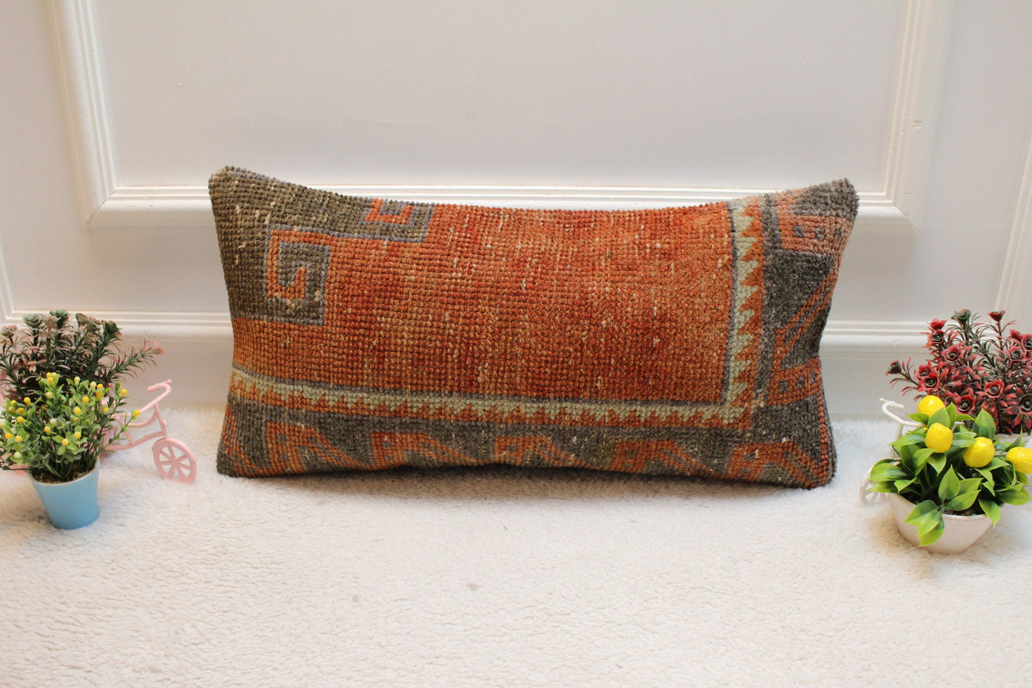 Handmade Turkish Rug Lumbar Pillow Cover: Red Brown Woven Wool (12x24 in)
