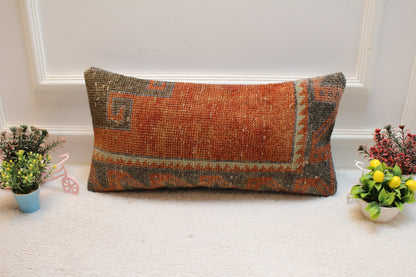 Handmade Turkish Rug Lumbar Pillow Cover: Red Brown Woven Wool (12x24 in)