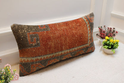 Handmade Turkish Rug Lumbar Pillow Cover: Red Brown Woven Wool (12x24 in)