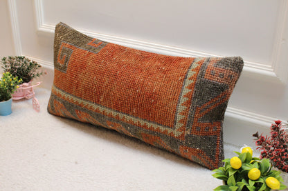 Handmade Turkish Rug Lumbar Pillow Cover: Red Brown Woven Wool (12x24 in)