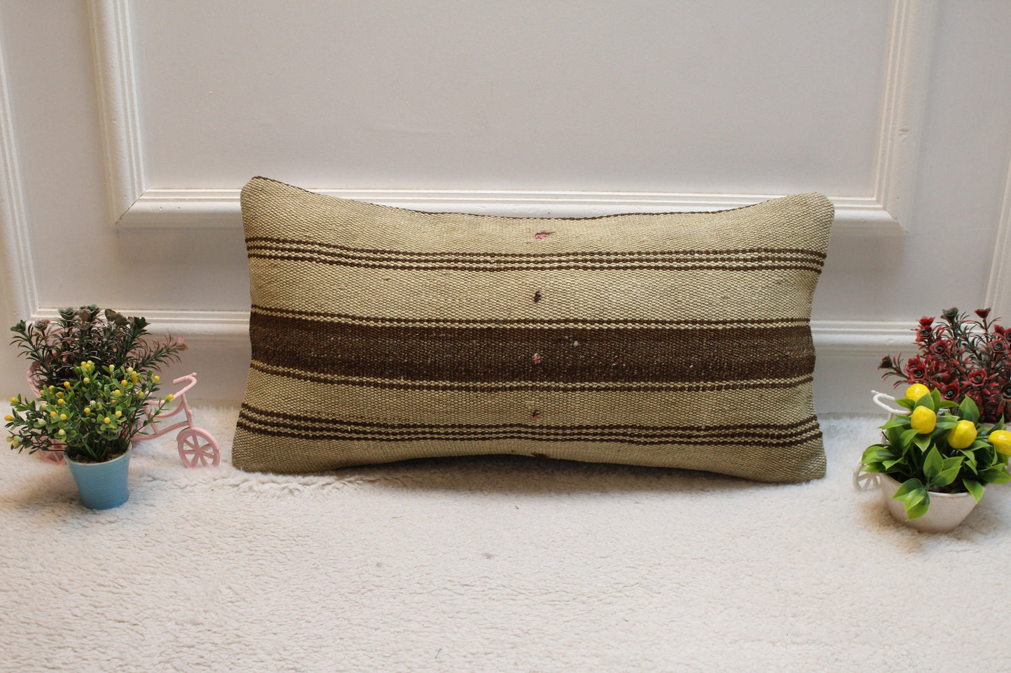Handmade Kilim Pillow Cover: Brown Beige Striped Wool, 12x24 inch