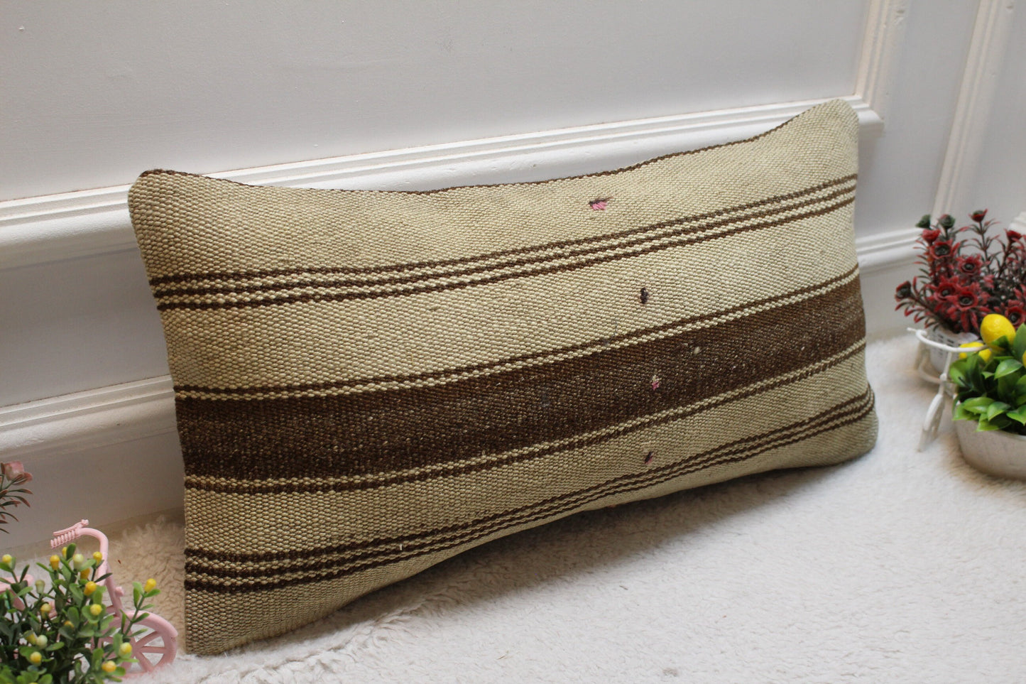 Handmade Kilim Pillow Cover: Brown Beige Striped Wool, 12x24 inch