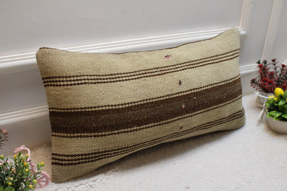 Handmade Kilim Pillow Cover: Brown Beige Striped Wool, 12x24 inch