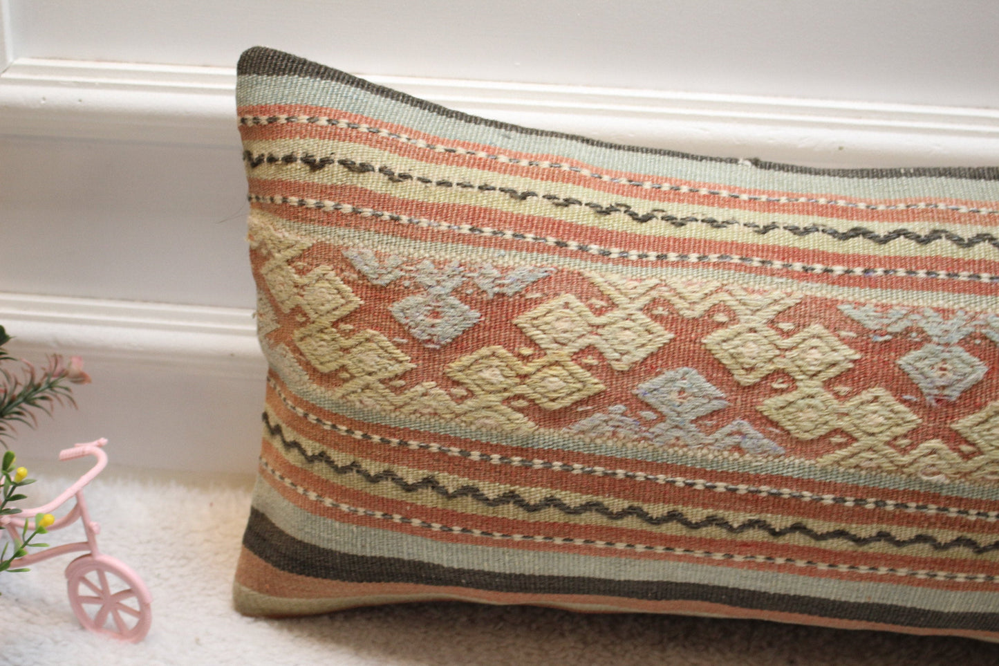 Geometric Kilim Pillow Cover: Handmade Upcycled Wool, 12x24 inch