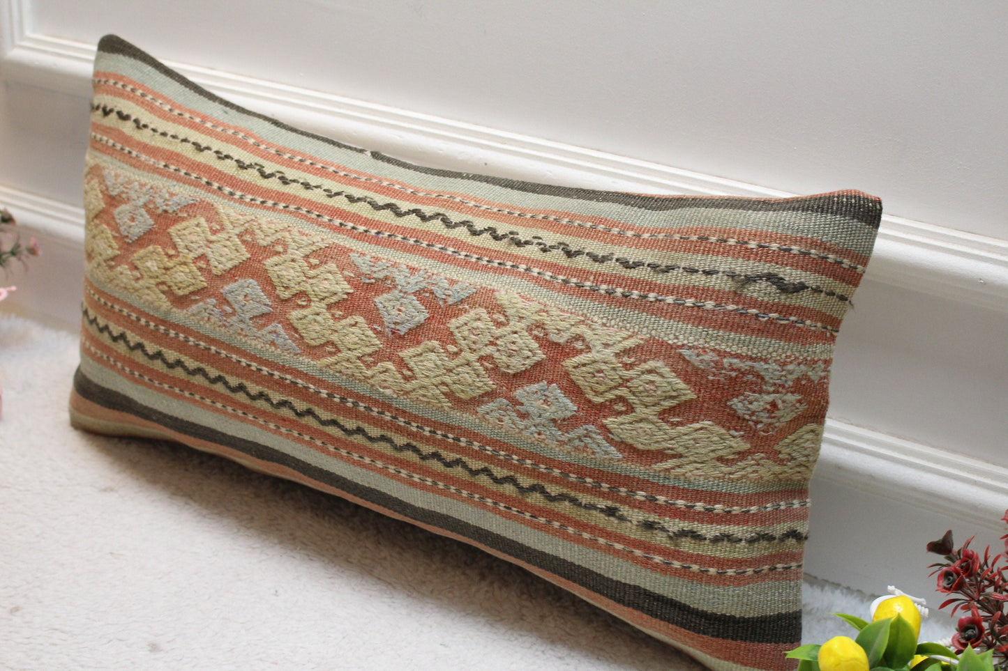 Geometric Kilim Pillow Cover: Handmade Upcycled Wool, 12x24 inch