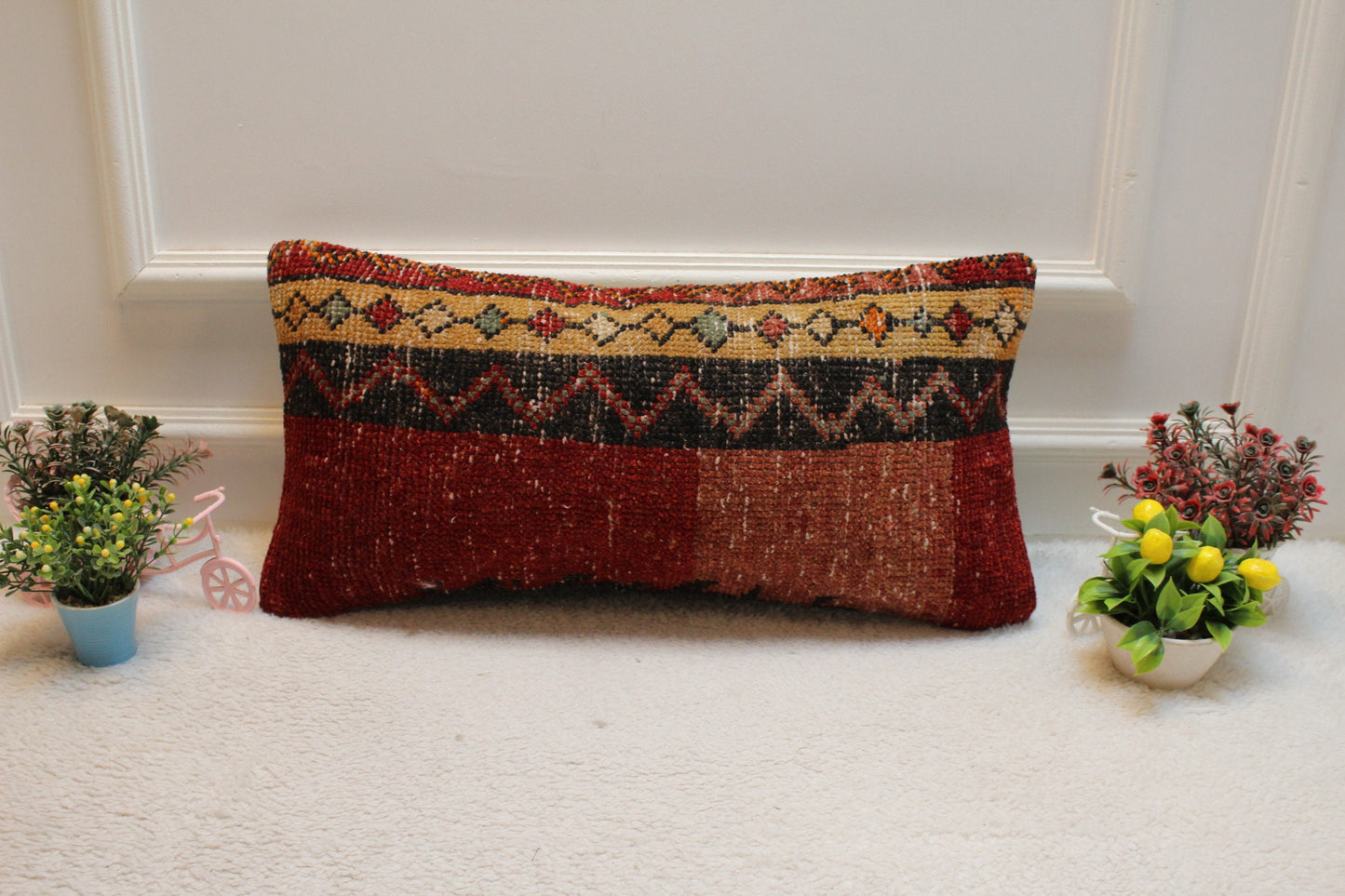 Red & Black Turkish Rug Pillow Cover: Lumbar Accent Pillow (12x24 in)