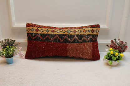 Red & Black Turkish Rug Pillow Cover: Lumbar Accent Pillow (12x24 in)