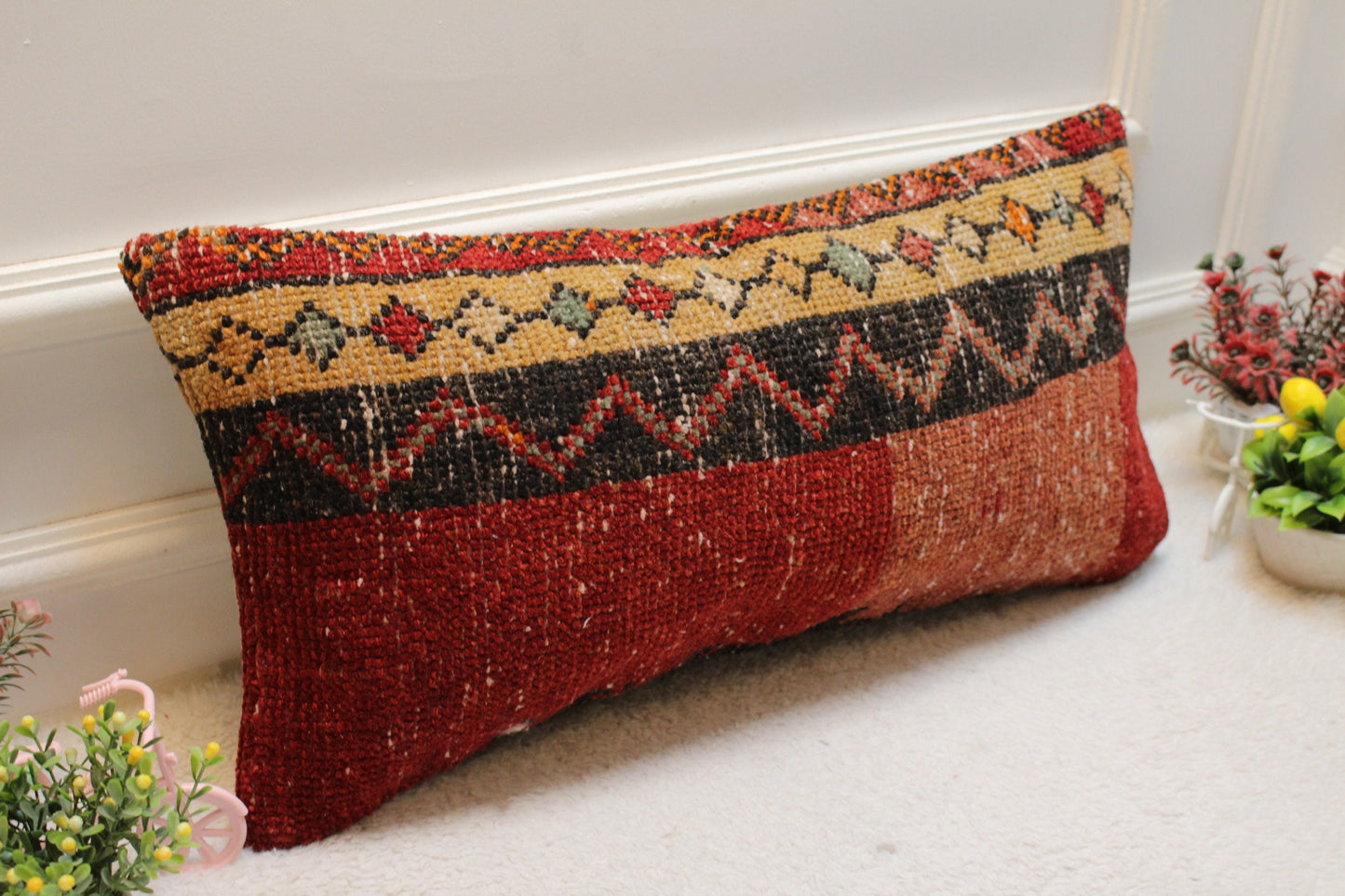 Red & Black Turkish Rug Pillow Cover: Lumbar Accent Pillow (12x24 in)